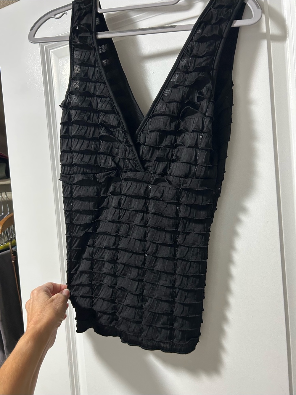 Black Ruffle V-Neck Women's Top